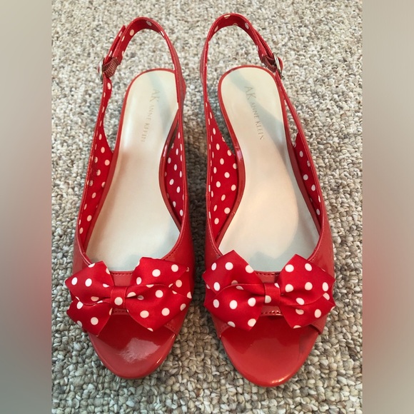 Anne Klein Red Patent Leather Polka- Dot Bow Cork Heel Sling back Flat - Picture 1 of 9